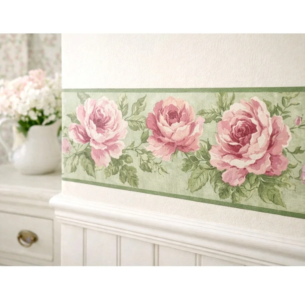 VINTAGE Springmaid Green Antique Rose Decorative‎ Wall Border 15ft Cottagecore